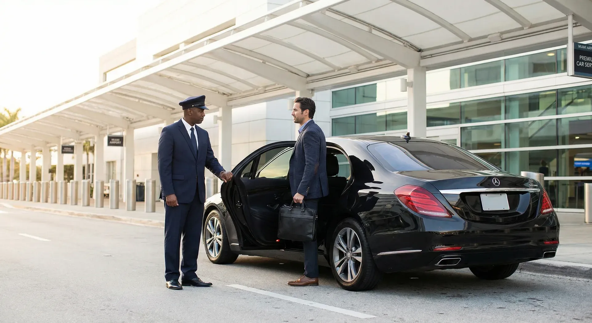 Professional chauffeur in a dark suit adjusting the rearview mirror of a black Mercedes-Benz S-Class sedan before a client pickup in Downtown Miami