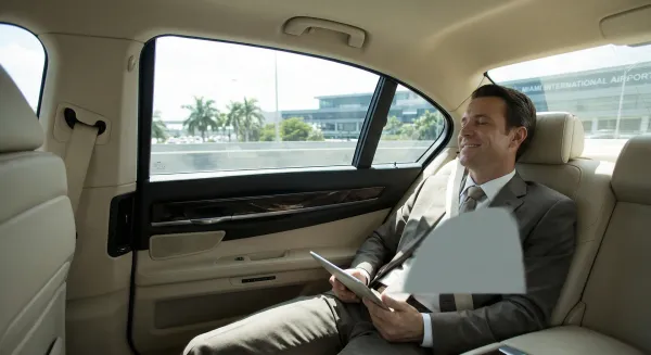 Palmetto Bay group arriving at a South Beach nightlife venue in a luxury black sedan