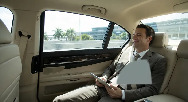 Professional chauffeur opening the rear door of a black luxury sedan for a well-dressed resident outside a glass-walled Brickell condo lobby with tropical landscaping and a reflecting pool