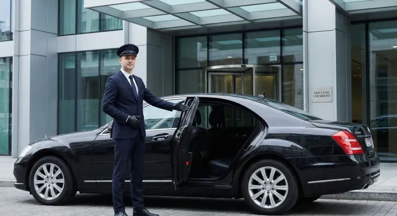 Professional chauffeur standing beside a black luxury sedan outside a modern Miami office building, holding a tablet with the day's itinerary