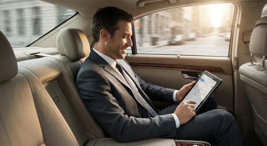 Group of well-dressed guests stepping into a stretch limousine in Miami with Edgewater buildings in background