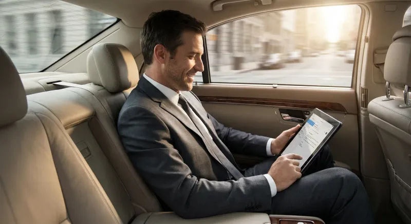 Chauffeur opening the rear door of a black luxury sedan for a Surfside professional client