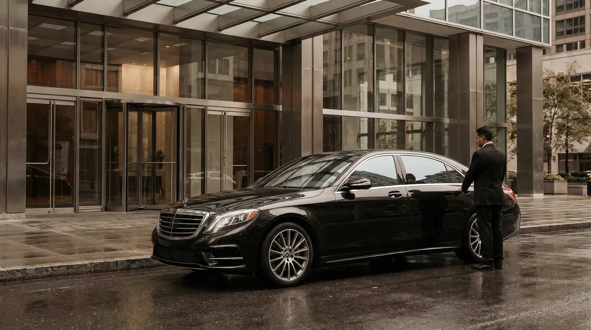 Luxury limousine or executive sedan at a Miami Shores event venue, professional chauffeur attending