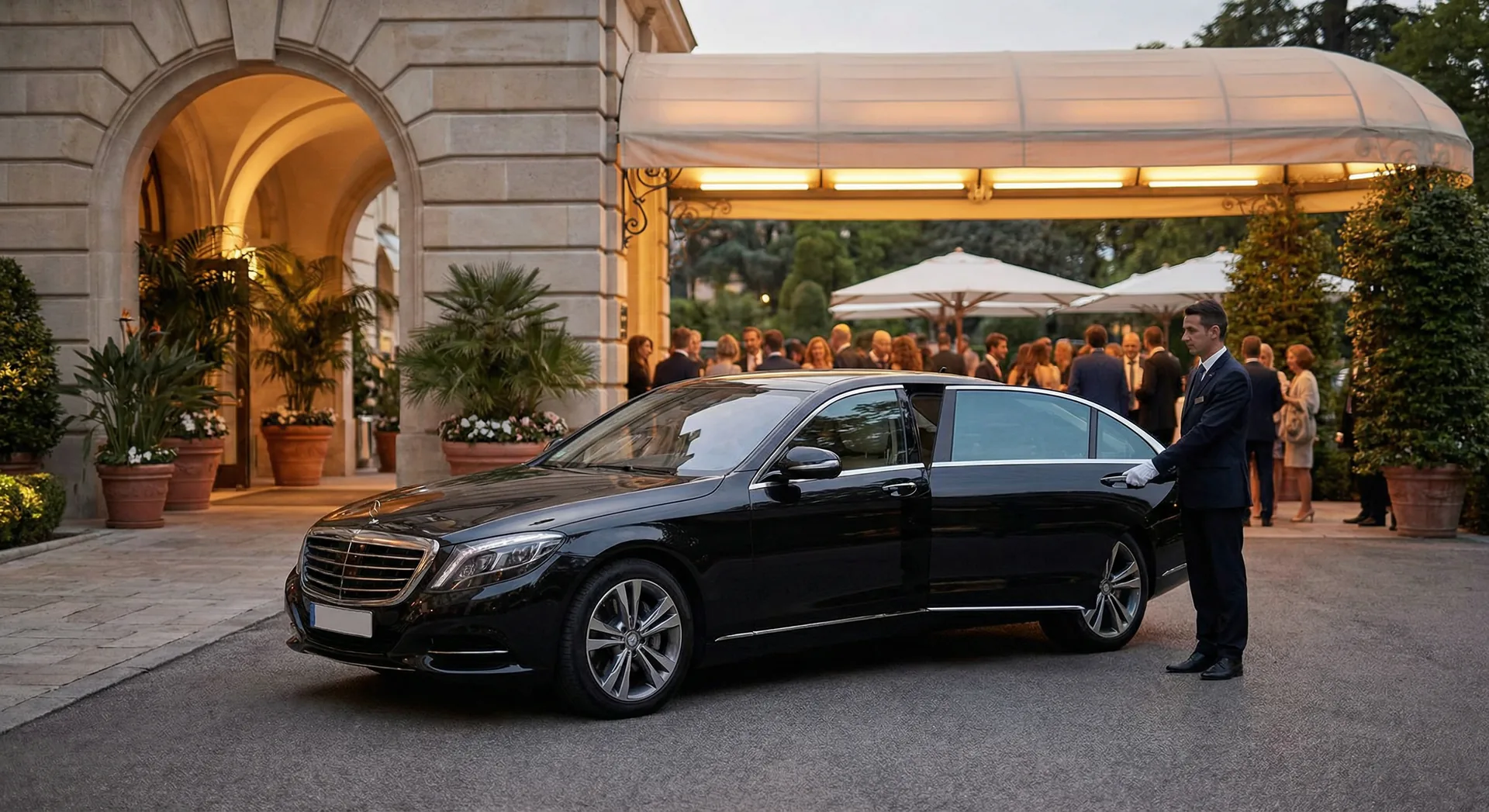 Luxury sedan or SUV at venue entrance, corporate and private event transportation Miami
