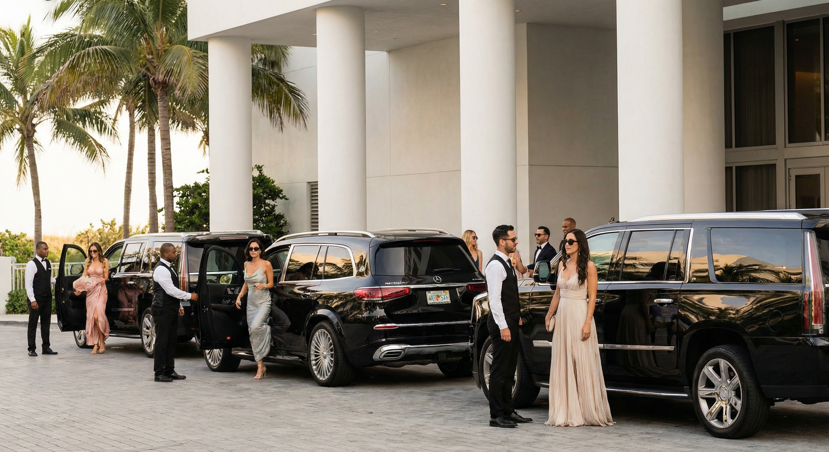 Guests arriving at upscale event in luxury black SUV or sedan, event transportation Miami