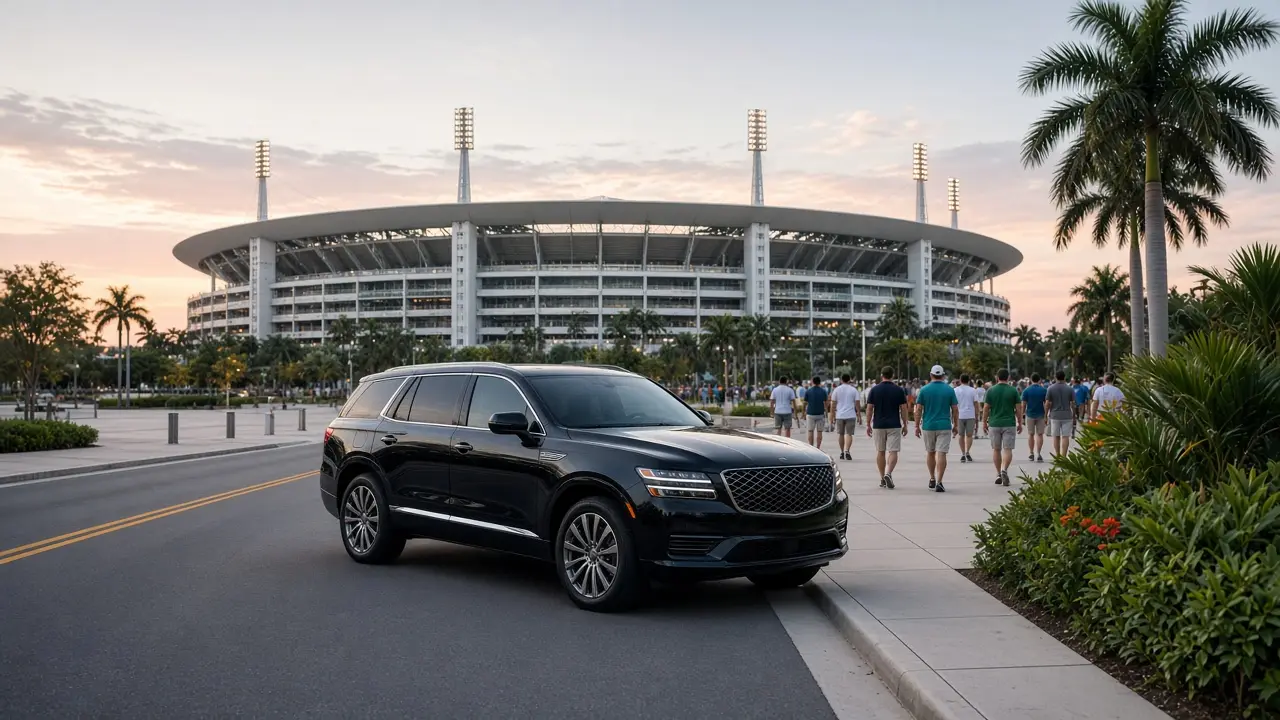 Private chauffeur SUV outside Hard Rock Stadium on a Miami game day