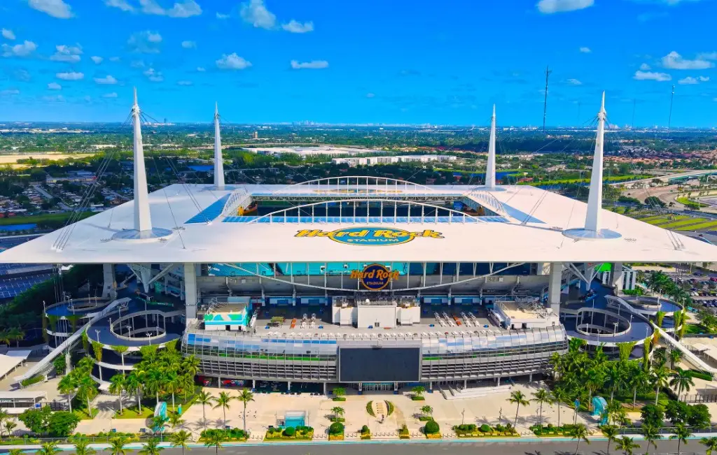 Aerial daytime view of Hard Rock Stadium and surrounding Miami Gardens