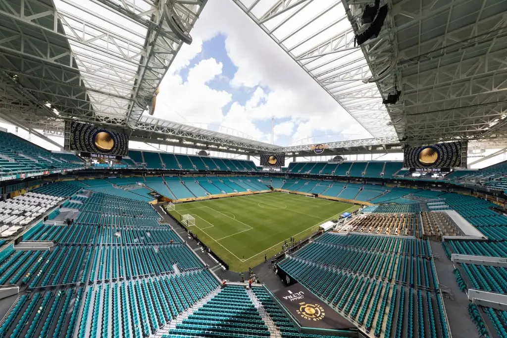 Hard Rock Stadium interior field view under the open roof