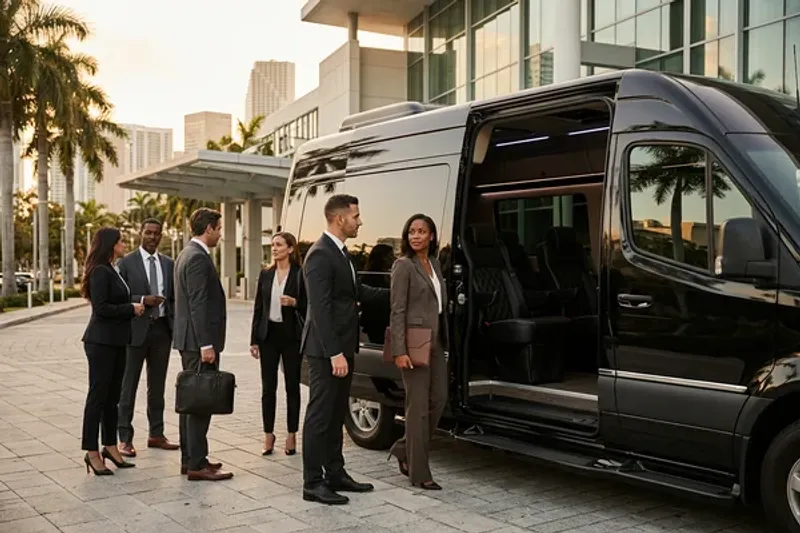 Luxury SUV and stretch limousine convoy departing a Coral Gables ceremony site en route to a Brickell reception venue