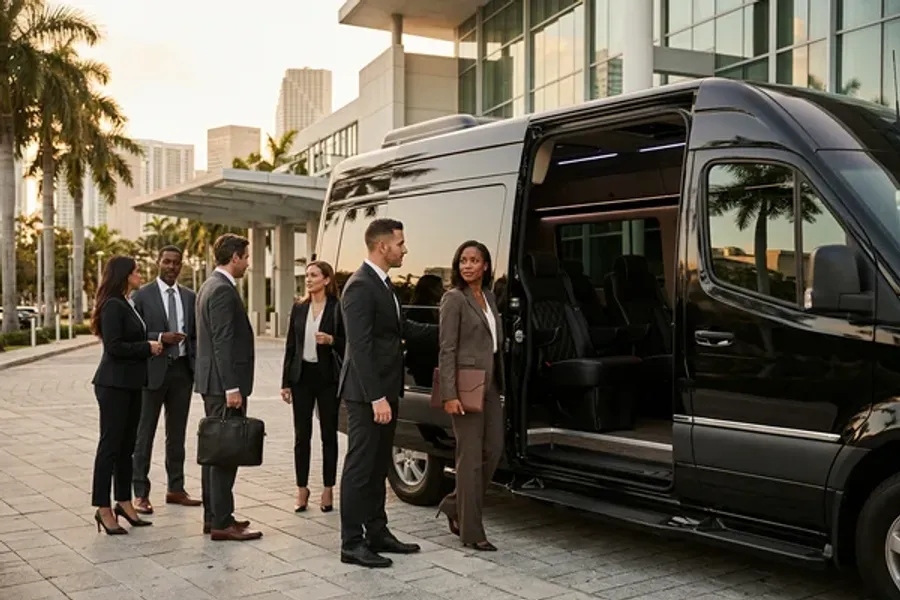 Professional chauffeur opening door of black luxury sedan in front of an Edgewater Miami high-rise building