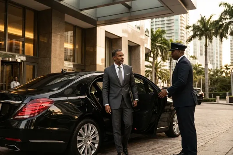 Fleet of black luxury sedans and SUVs lined up outside the Miami Beach Convention Center during Art Basel with palm trees and event signage visible