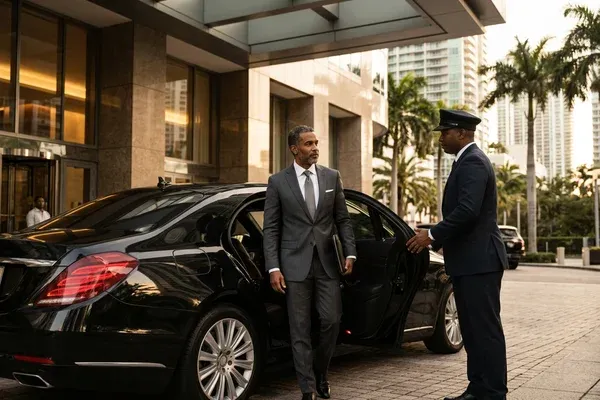 Luxury sedan waiting in the circular driveway of a waterfront home in Coral Gables, chauffeur standing at the passenger door