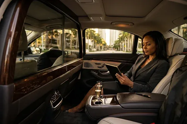 Couple exiting a luxury sedan at a waterfront Miami restaurant at dusk, chauffeur assisting with the door