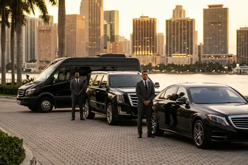 Group of well-dressed professionals stepping out of a black luxury SUV outside Komodo restaurant on Brickell Avenue at night with neon signage and palm trees visible