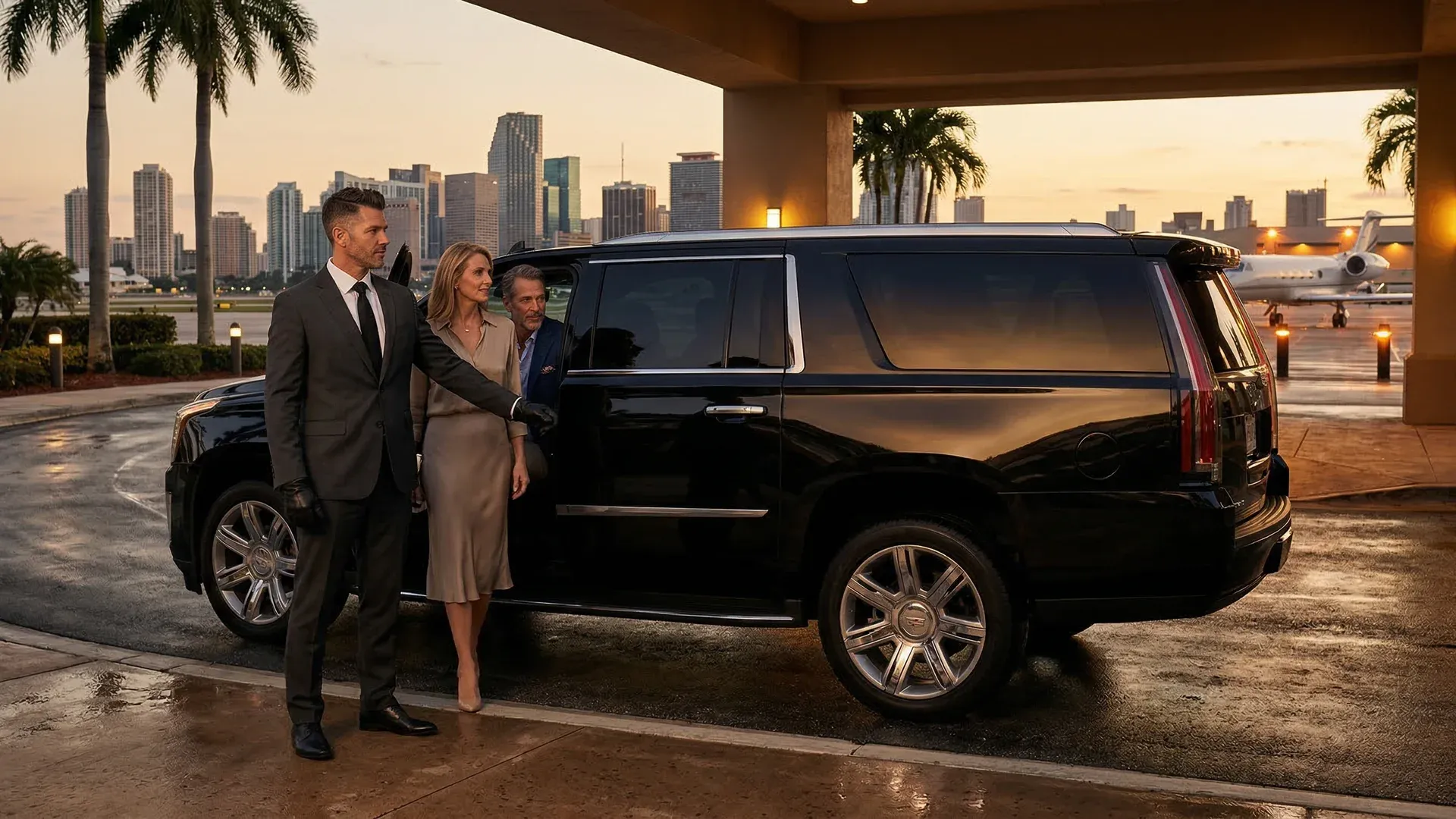 Professional chauffeur standing beside a polished black sedan at a Miami airport terminal for a Surfside airport transfer