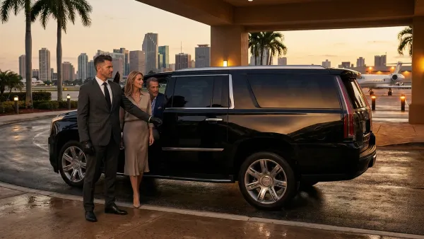 Wynwood professional entering black car for a regular weekly chauffeur arrangement