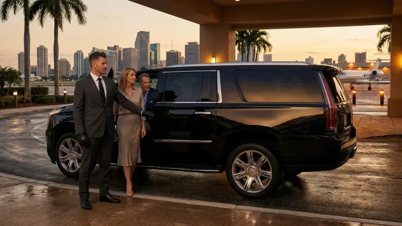 Close-up of a chauffeur in formal attire adjusting his tie beside a luxury vehicle parked along a tree-lined Coral Gables boulevard