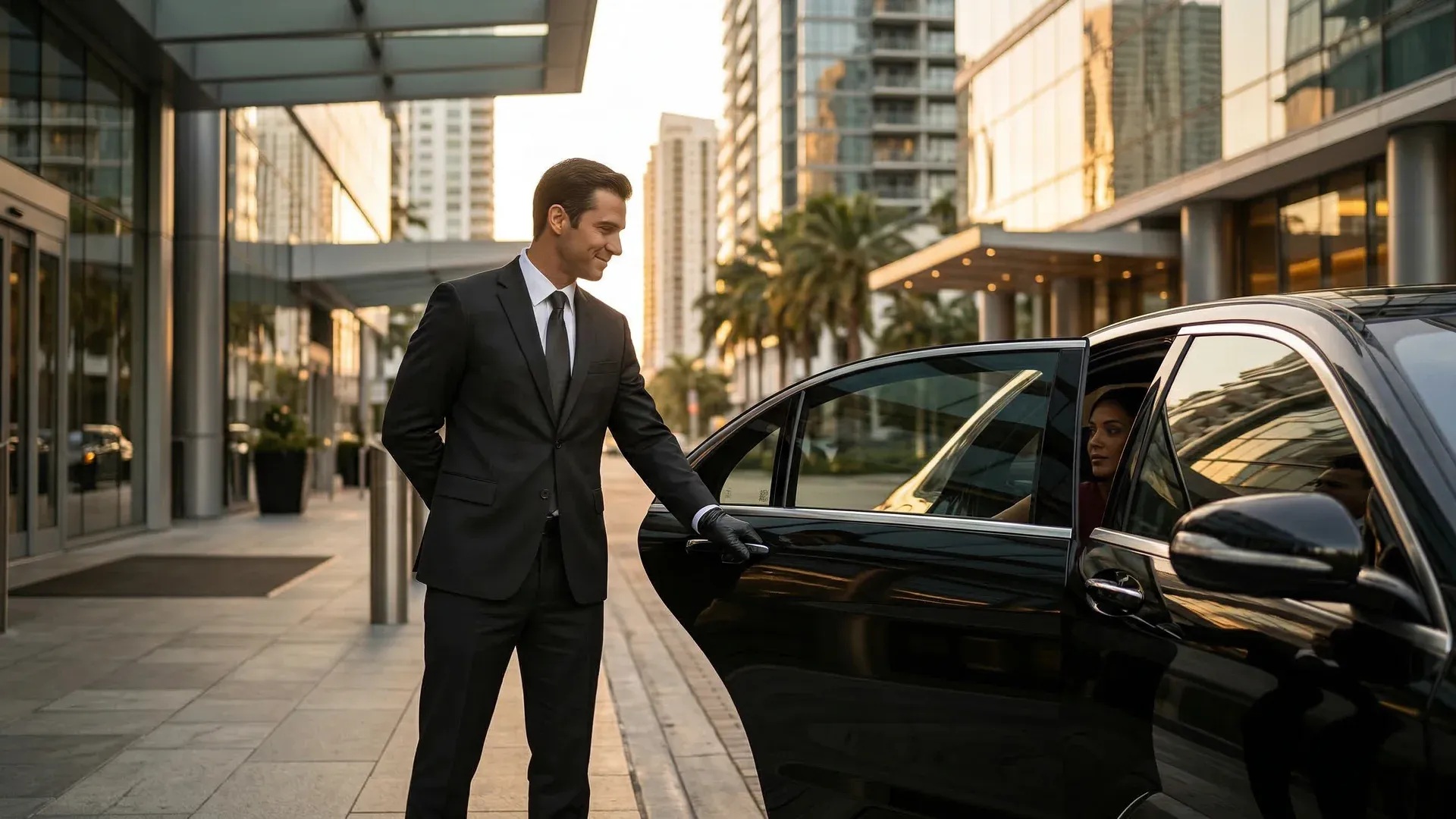Black luxury sedan waiting at the arrivals curb of Miami International Airport with a professional chauffeur holding a name sign under the terminal overhang