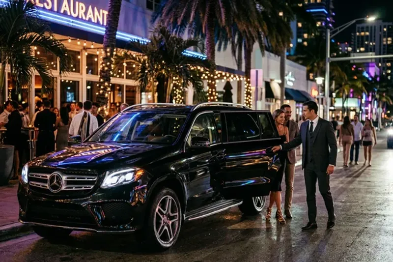 Elegantly dressed group boarding a stretch limo for a Miami celebration