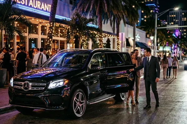 Professional chauffeur presenting credentials to a client beside a polished luxury sedan in a well-lit Miami parking structure