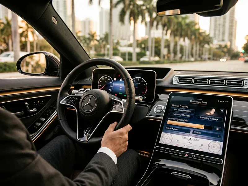 Two business professionals reviewing a laptop in the back seat of a luxury sedan driving along Bayshore Drive in Coconut Grove with Biscayne Bay and sailboats visible through the window