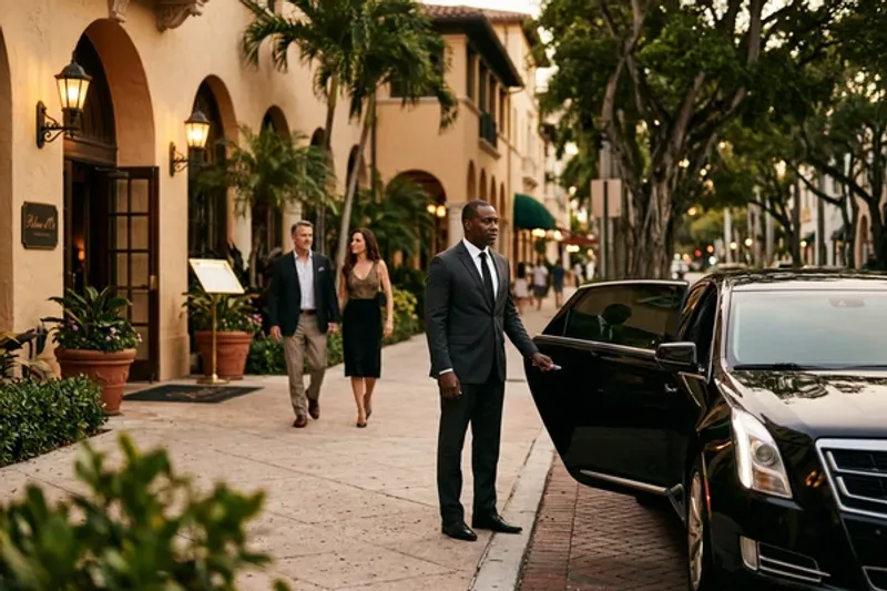Chauffeur opening door for a Surfside resident preparing for a day of errands and shopping at Bal Harbour