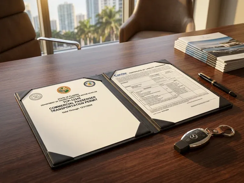 Black Mercedes-Benz Sprinter van parked along Ocean Drive in Miami Beach at golden hour with a professional chauffeur opening the side door for a group of well-dressed passengers