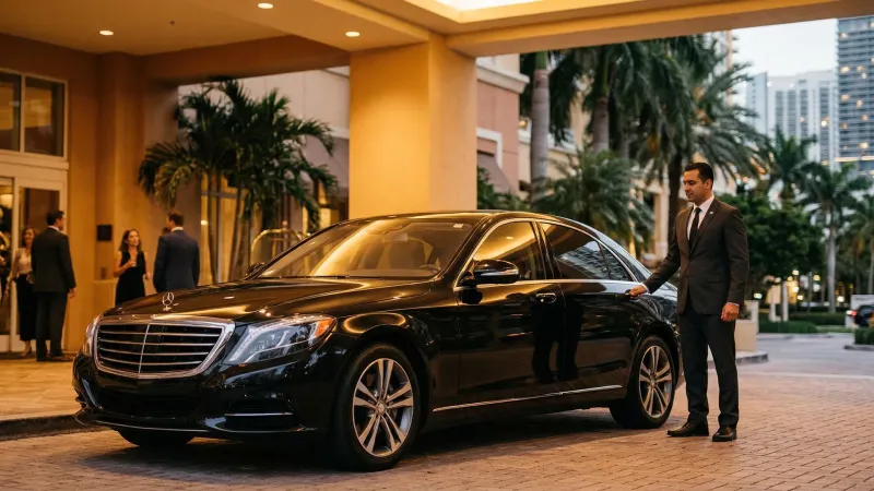 Elegantly dressed couple stepping out of a black luxury SUV at the entrance to Vizcaya Museum and Gardens in Coconut Grove with the historic mansion and garden visible in the background