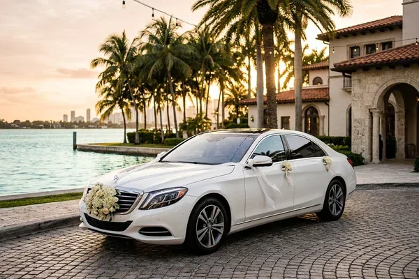 Professional chauffeur team standing beside a fleet of black luxury sedans outside a modern Miami office building at golden hour