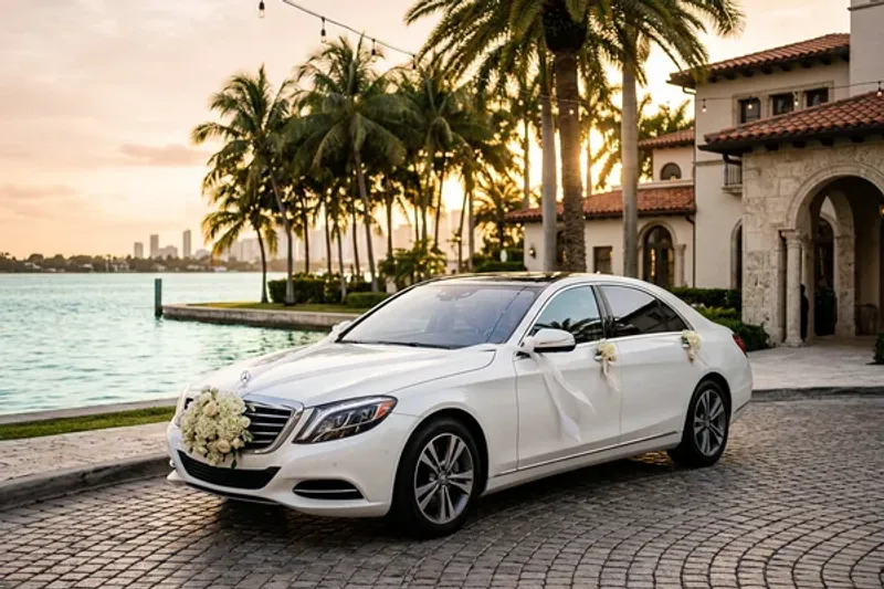 Decorated white limousine at a Miami wedding venue with floral arrangements and a chauffeur assisting guests
