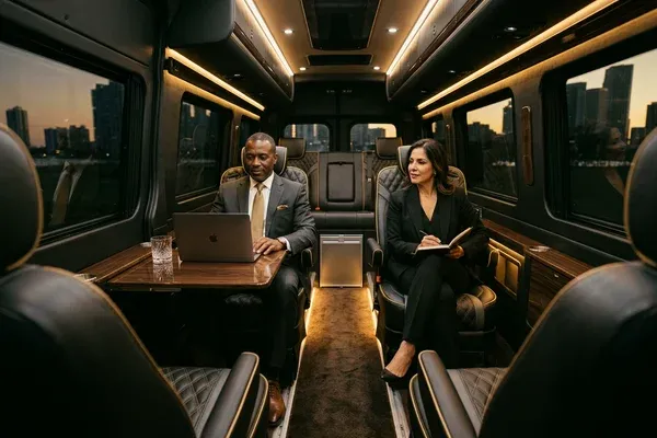 Wedding guests arriving at a Brickell rooftop venue with the Miami skyline illuminated at sunset and a luxury sedan visible at the building entrance below