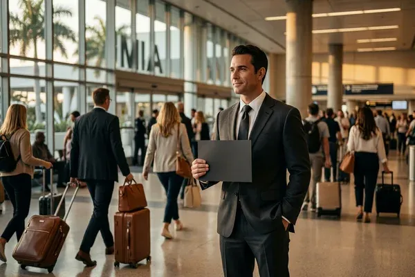Corporate executive team in business casual attire boarding a black Sprinter van outside The Ritz-Carlton Key Biscayne for a mainland meeting transfer