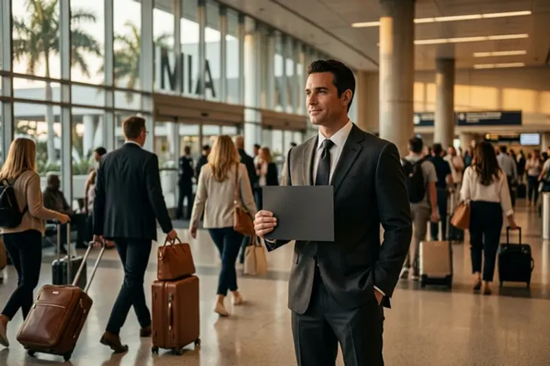 Two business professionals reviewing documents in the back seat of a luxury sedan traveling along Biscayne Boulevard in Aventura with luxury high-rise condominiums visible through the window