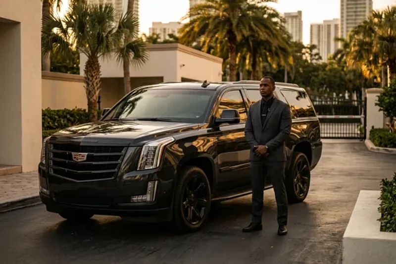 Chauffeur greeting a Palmetto Bay professional client at the door of a black luxury sedan