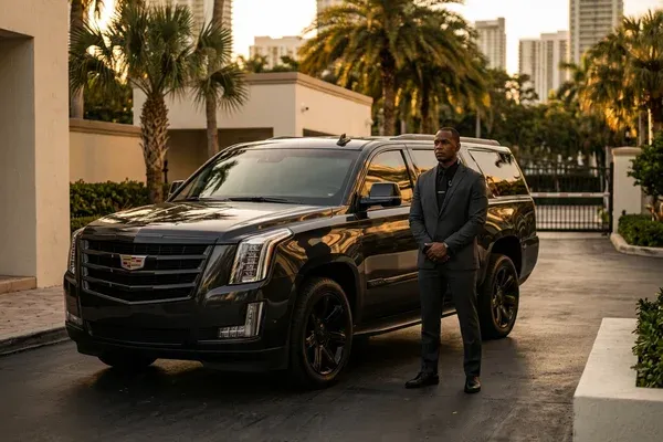 VIP guests in formal attire being escorted from a luxury sedan to the entrance of Vizcaya Museum and Gardens with the Italian Renaissance courtyard illuminated behind them