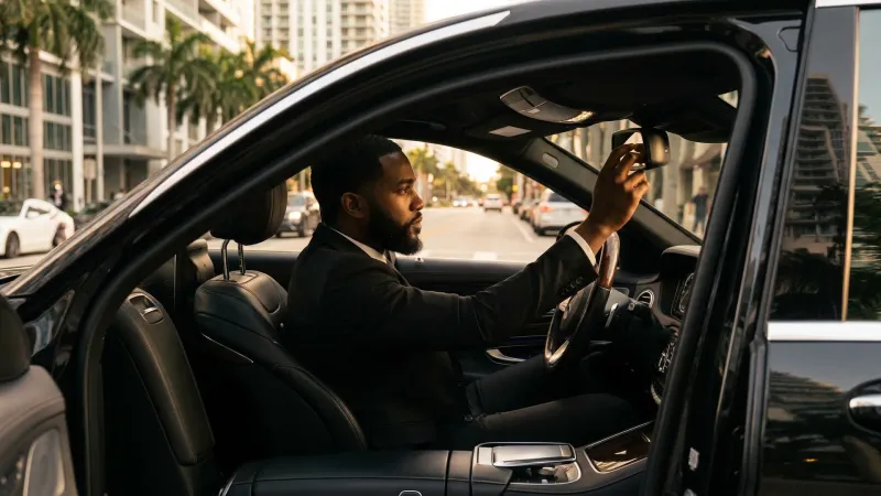 Interior of a premium black sedan with cream leather seats and ambient lighting, lush Coconut Grove foliage visible through the tinted rear window