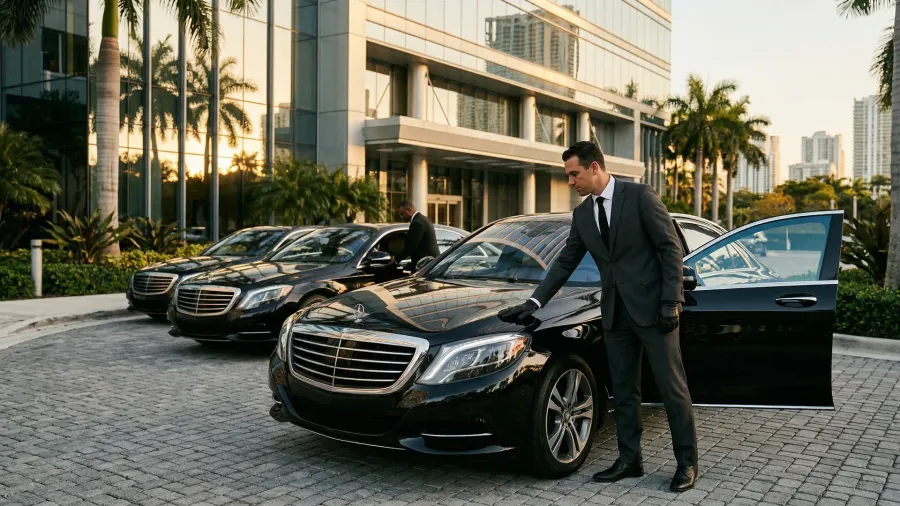 Executive assistant reviewing a corporate transportation schedule with a driver outside a Flagler Street office