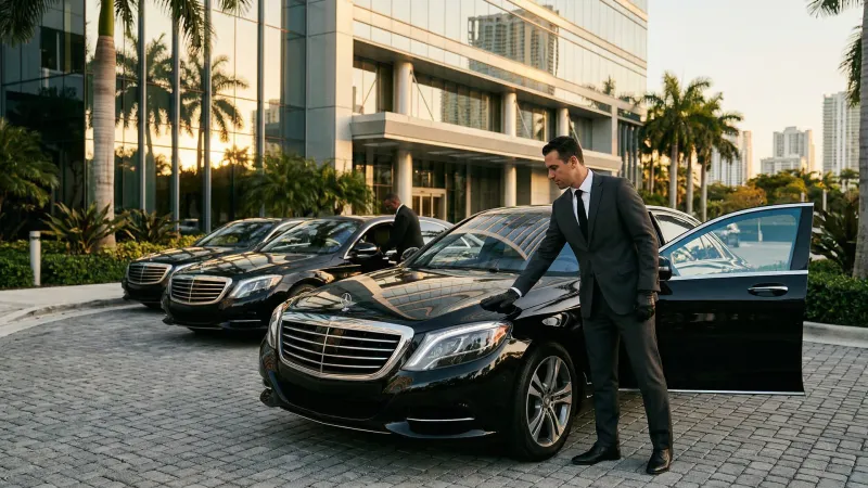 Professional chauffeur assisting a Surfside resident into a private luxury vehicle for a lifestyle errand run
