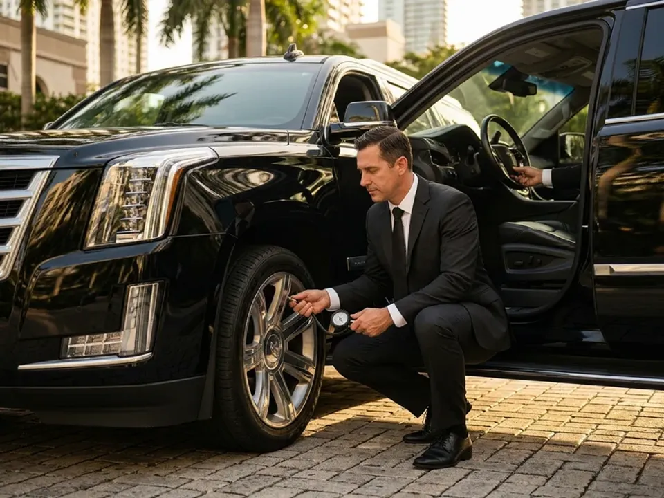 Executive in business attire being driven along Ponce de Leon Boulevard in Coral Gables