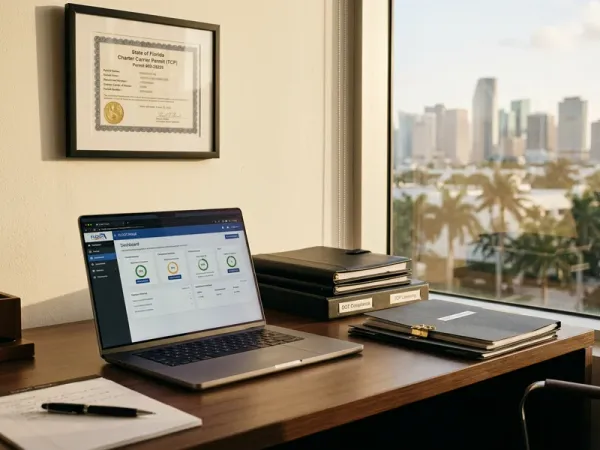 Bride stepping out of a decorated luxury sedan in front of a Coral Gables church with wedding party and family greeting her at the entrance