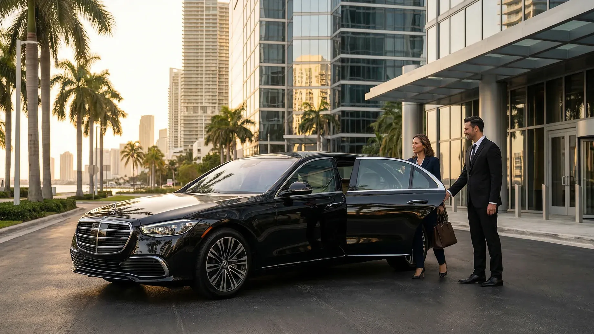 Black luxury limousine driving along Ocean Drive in South Beach at night with Art Deco neon signs reflecting off the polished exterior