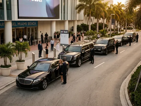 Chauffeur opening the door of a black sedan for an international business guest arriving at Mayfair in the Grove hotel in Coconut Grove