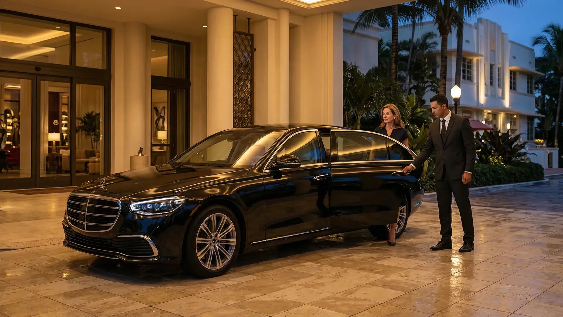 Professional chauffeur greeting a returning client by name at a luxury Brickell condominium entrance, warm afternoon light casting long shadows