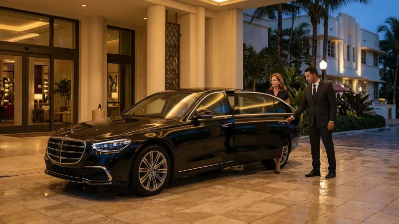 Luxury sedan parked outside an upscale Brickell restaurant at dusk with the driver standing ready, warm ambient lighting reflecting off the glass facade
