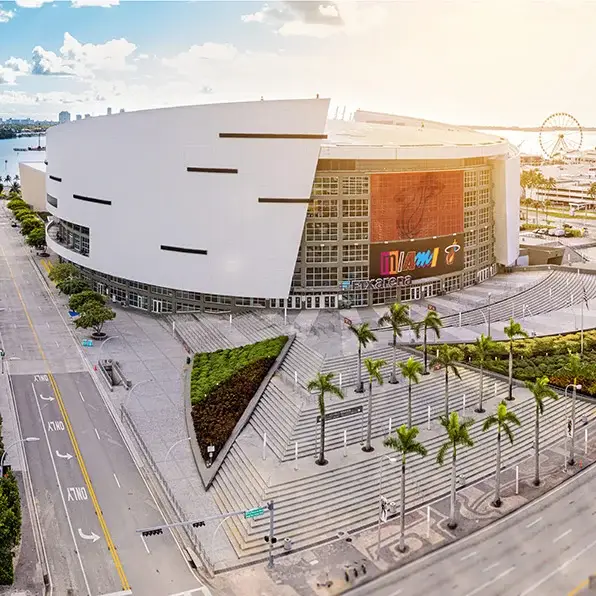 Close view of Kaseya Center entrance and plaza