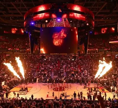Kaseya Center interior during a Miami Heat game night with pyrotechnics