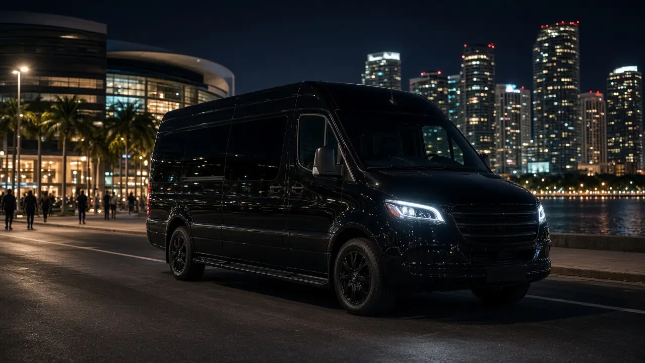 Private chauffeur Sprinter at Kaseya Center Miami after the show