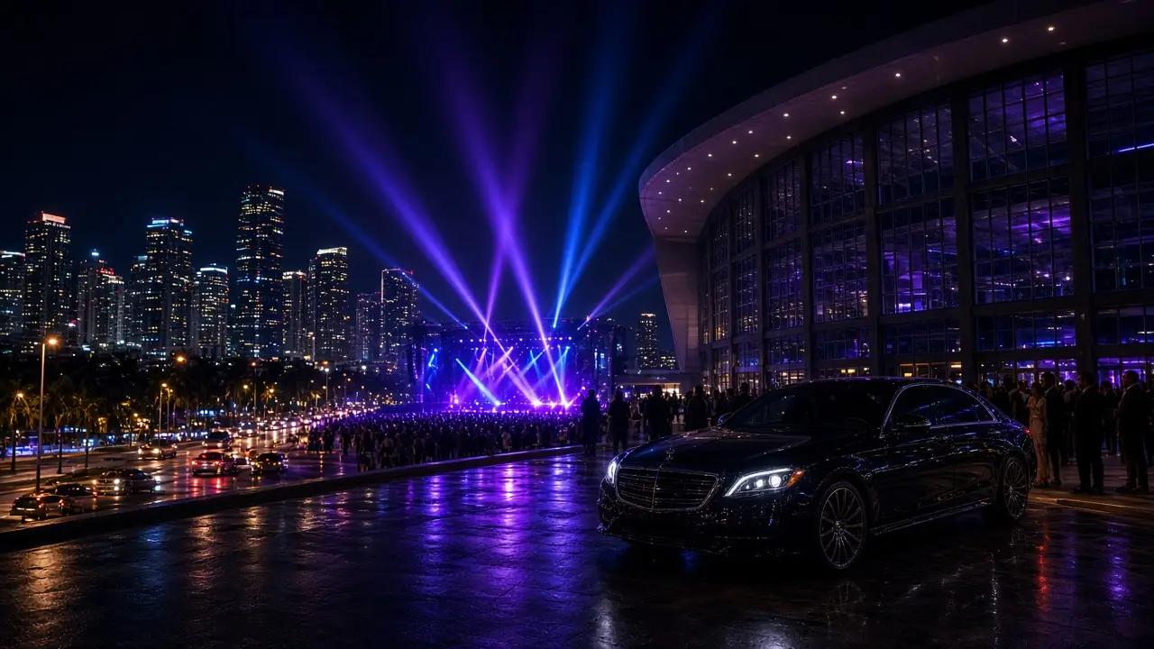Pop concert night at Kaseya Center with Miami downtown skyline backdrop
