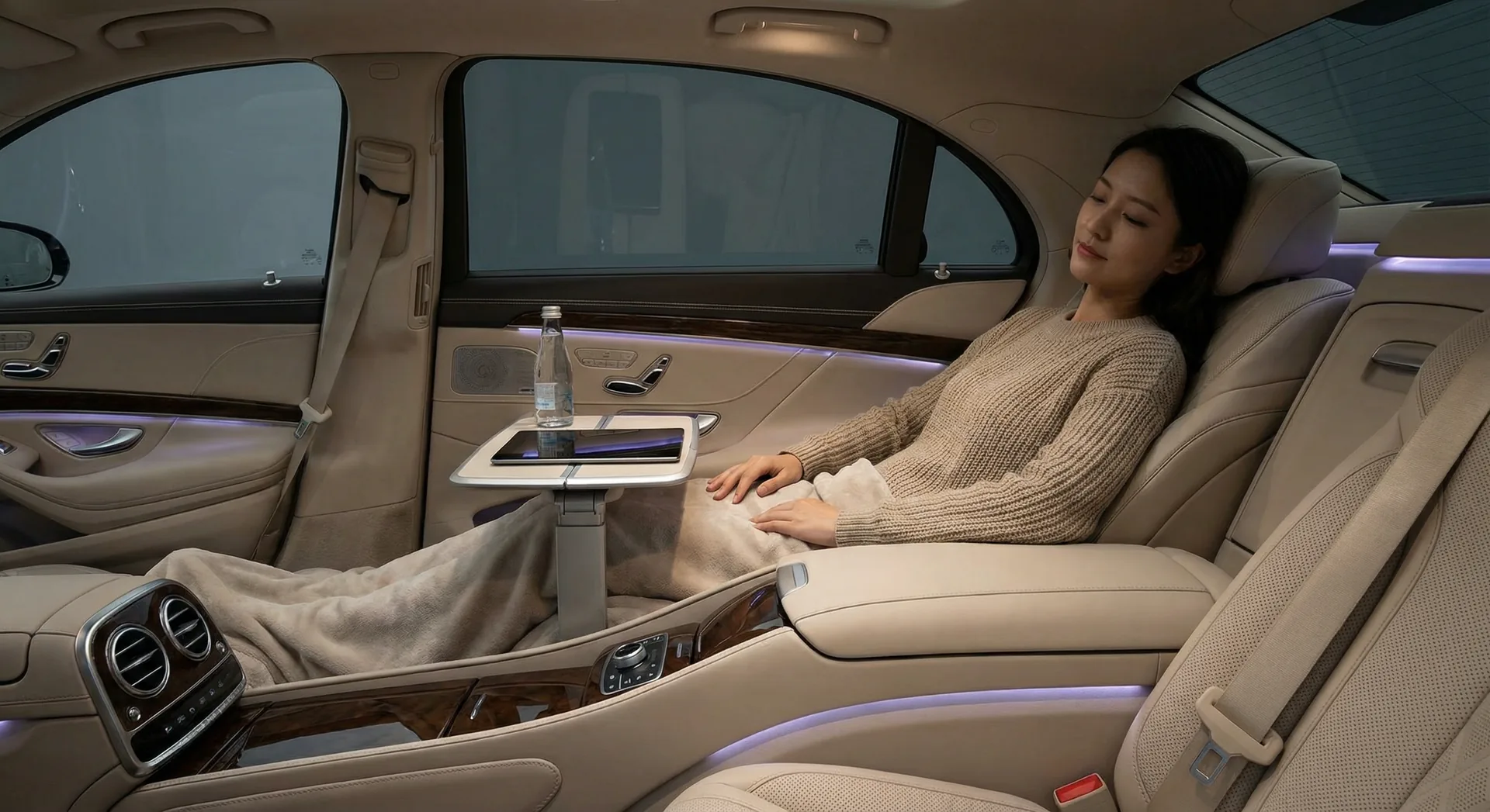 Passenger relaxing in luxury sedan, private transportation Miami