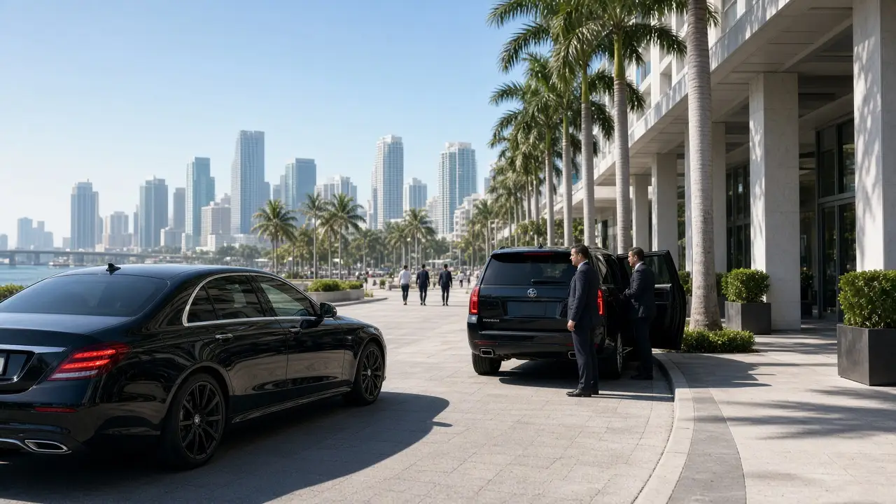 Executive seminar arrival at Kaseya Center downtown Miami with luxury sedan